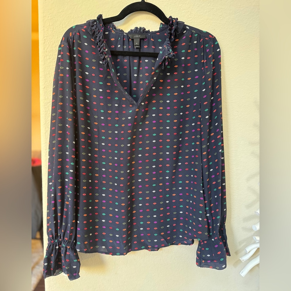 J Crew navy blue silk long sleeve blouse with printed colored lips 👄